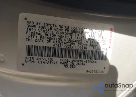 1997 Lexus Es 300 from USA, damaged, VIN JT8BF22G6V0054440